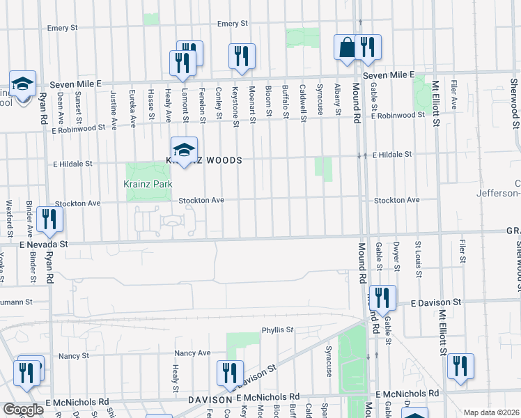 map of restaurants, bars, coffee shops, grocery stores, and more near 18097 Bloom Street in Detroit