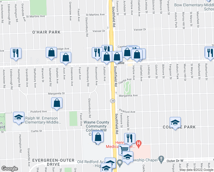 map of restaurants, bars, coffee shops, grocery stores, and more near 18582 Ashton Avenue in Detroit