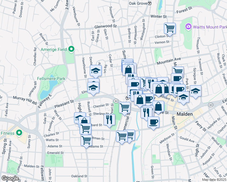 map of restaurants, bars, coffee shops, grocery stores, and more near 339 Pleasant Street in Malden