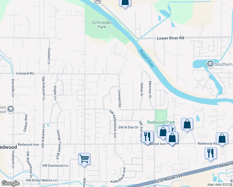 map of restaurants, bars, coffee shops, grocery stores, and more near 1712 Leonard Road in Grants Pass