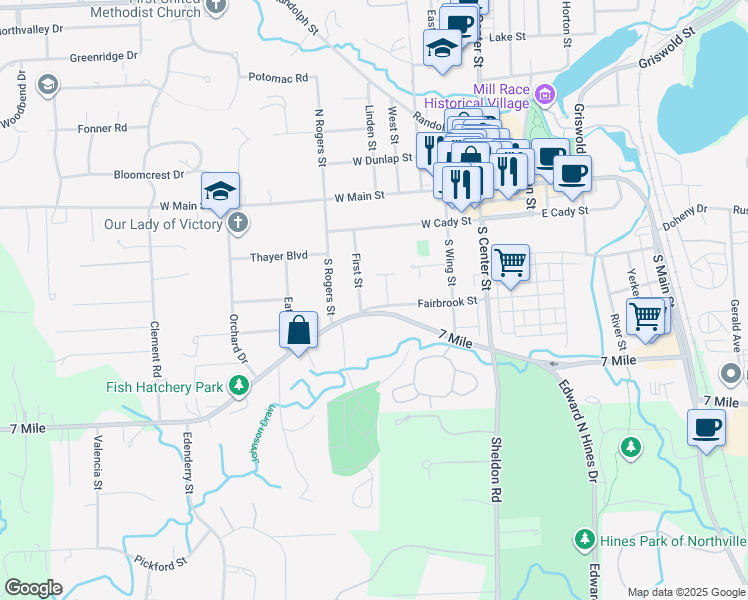 map of restaurants, bars, coffee shops, grocery stores, and more near 450 Fairbrook Street in Northville