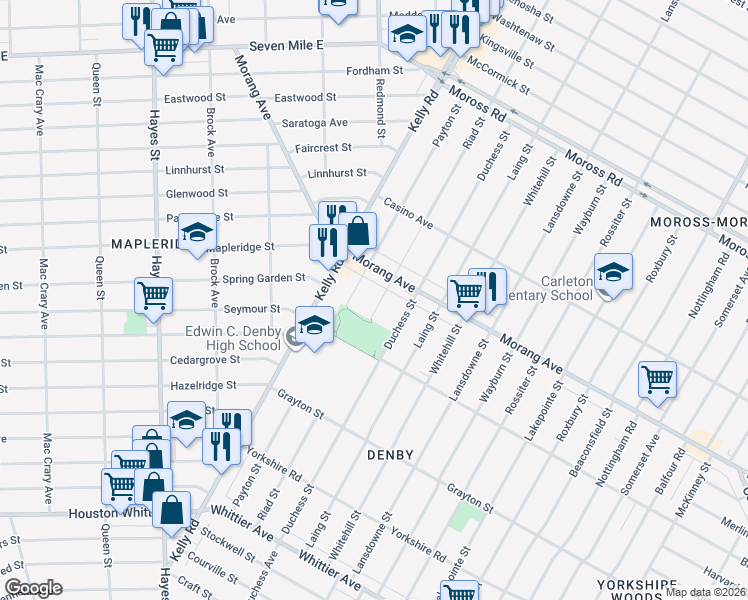 map of restaurants, bars, coffee shops, grocery stores, and more near 12305 Riad St in Detroit