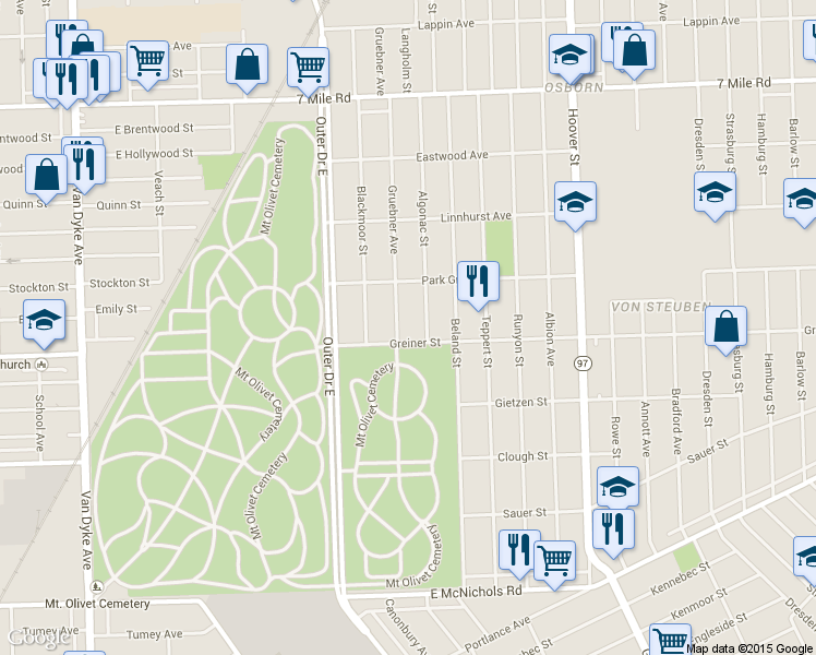 map of restaurants, bars, coffee shops, grocery stores, and more near 18024 Gruebner Avenue in Detroit