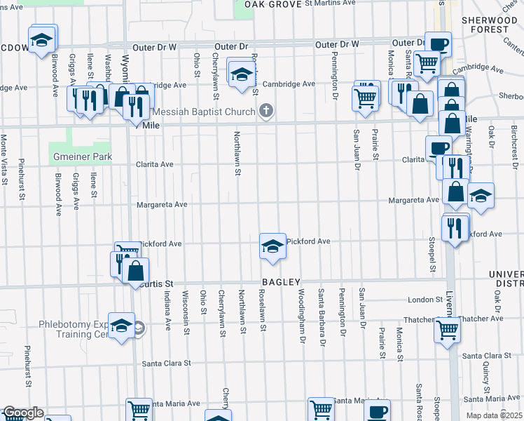 map of restaurants, bars, coffee shops, grocery stores, and more near 18500 Roselawn Street in Detroit