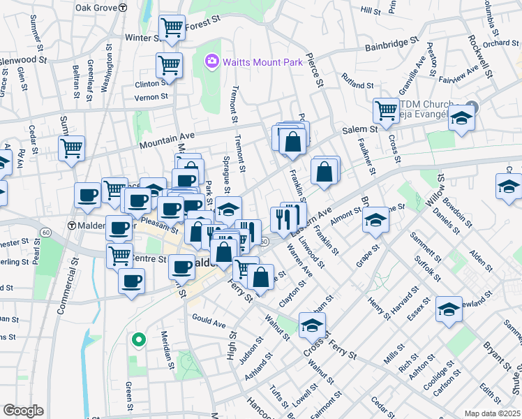 map of restaurants, bars, coffee shops, grocery stores, and more near 30 Albion Street in Malden