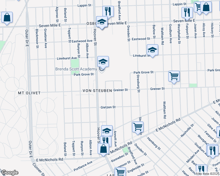 map of restaurants, bars, coffee shops, grocery stores, and more near 11831 Greiner Street in Detroit