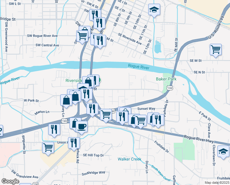 map of restaurants, bars, coffee shops, grocery stores, and more near 375 East Park Street in Grants Pass