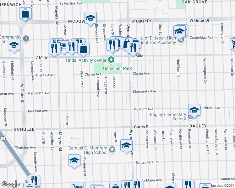 map of restaurants, bars, coffee shops, grocery stores, and more near 18509 Ilene Street in Detroit