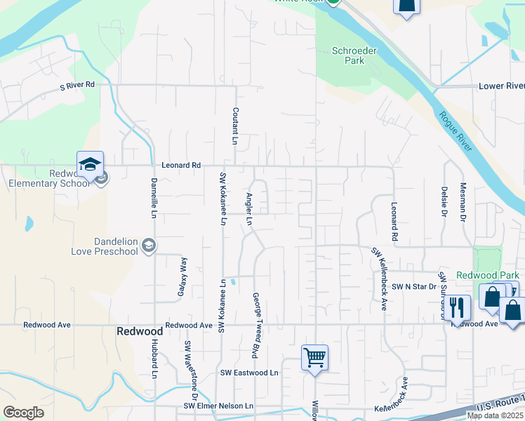 map of restaurants, bars, coffee shops, grocery stores, and more near 1090 Rainwood Lane in Grants Pass