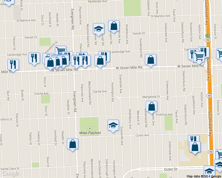 map of restaurants, bars, coffee shops, grocery stores, and more near 18909 Huntington Road in Detroit
