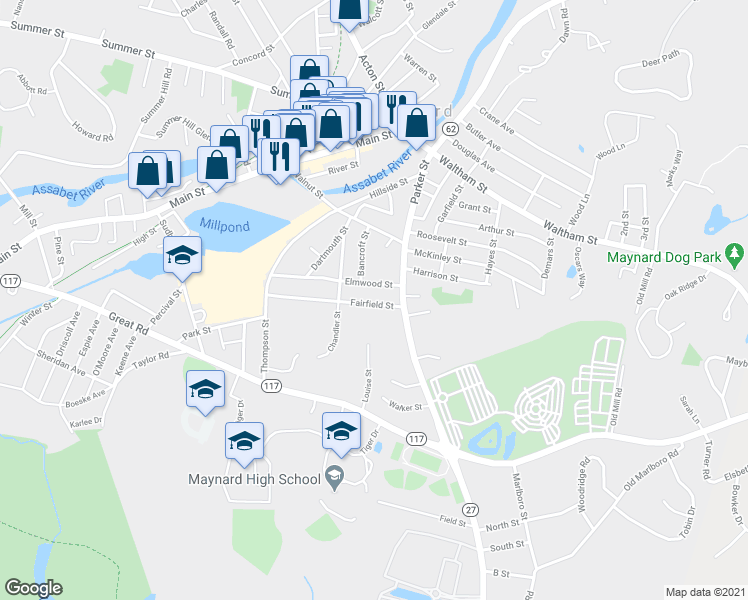 map of restaurants, bars, coffee shops, grocery stores, and more near 42 Fairfield Street in Maynard