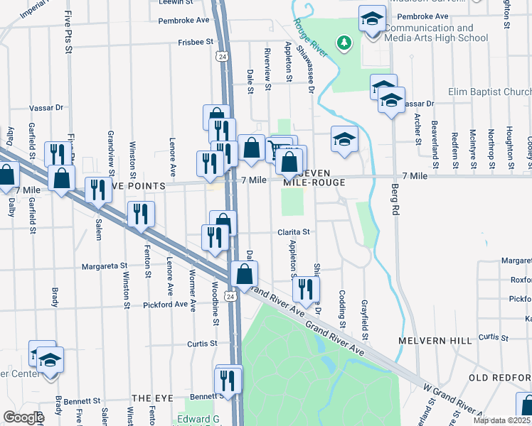map of restaurants, bars, coffee shops, grocery stores, and more near 18961 Riverview Street in Detroit