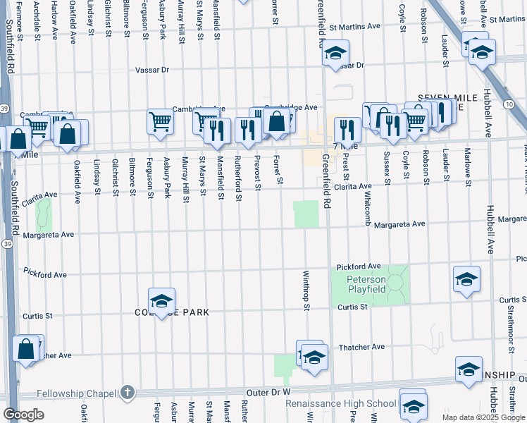 map of restaurants, bars, coffee shops, grocery stores, and more near 18648 Prevost Street in Detroit