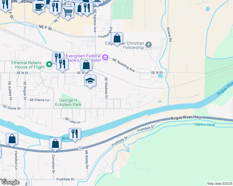 map of restaurants, bars, coffee shops, grocery stores, and more near 1137 Southeast Gladiola Drive in Grants Pass