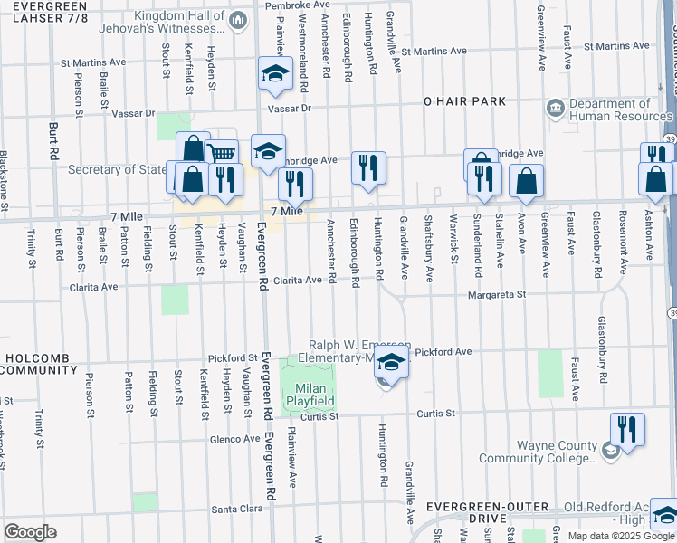 map of restaurants, bars, coffee shops, grocery stores, and more near 18914 Annchester Road in Detroit