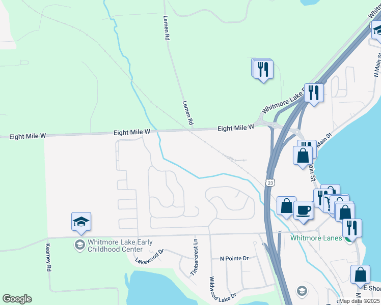 map of restaurants, bars, coffee shops, grocery stores, and more near 168 Pearl Street in Whitmore Lake
