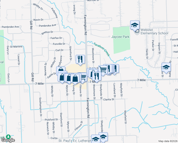 map of restaurants, bars, coffee shops, grocery stores, and more near 19250 Farmington Road in Livonia