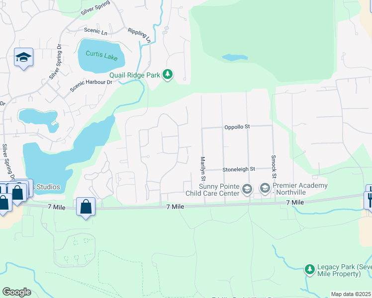 map of restaurants, bars, coffee shops, grocery stores, and more near 19523 Northridge Drive in Northville