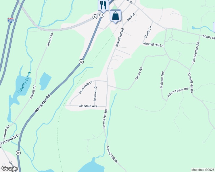 map of restaurants, bars, coffee shops, grocery stores, and more near 46 Newell Hill Road in Sterling