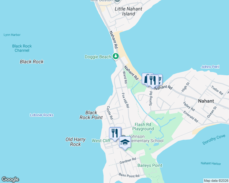 map of restaurants, bars, coffee shops, grocery stores, and more near 75 Castle Road in Nahant