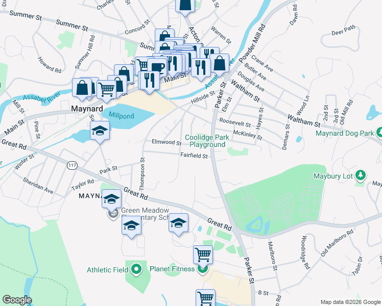 map of restaurants, bars, coffee shops, grocery stores, and more near 42 Fairfield Street in Maynard