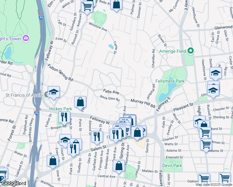 map of restaurants, bars, coffee shops, grocery stores, and more near 120 Fells Avenue in Medford