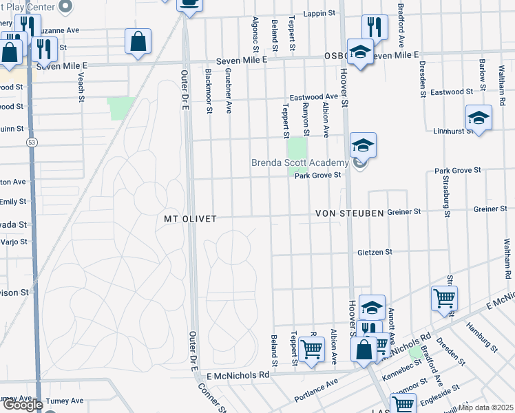 map of restaurants, bars, coffee shops, grocery stores, and more near 18016 Algonac Street in Detroit