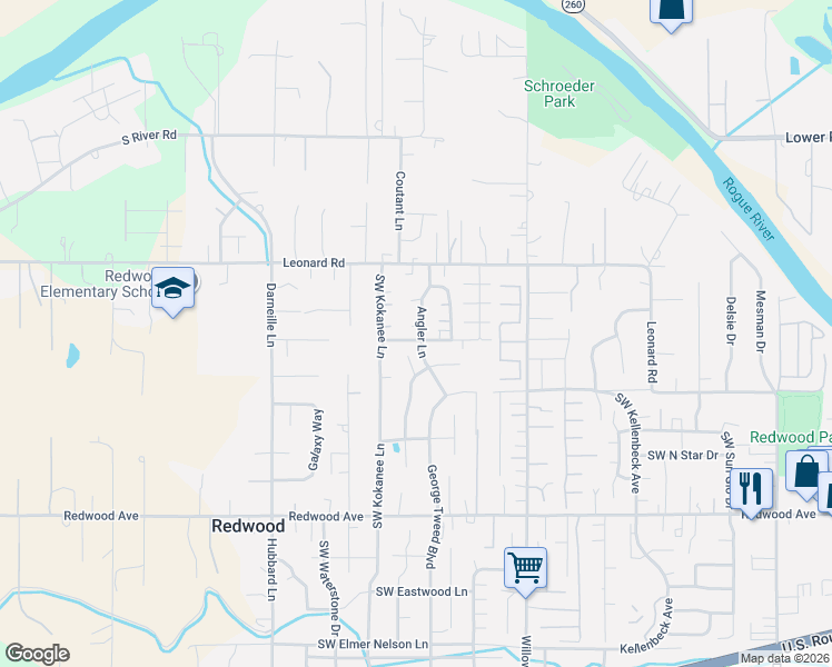 map of restaurants, bars, coffee shops, grocery stores, and more near 2711 Salmon Circle in Grants Pass