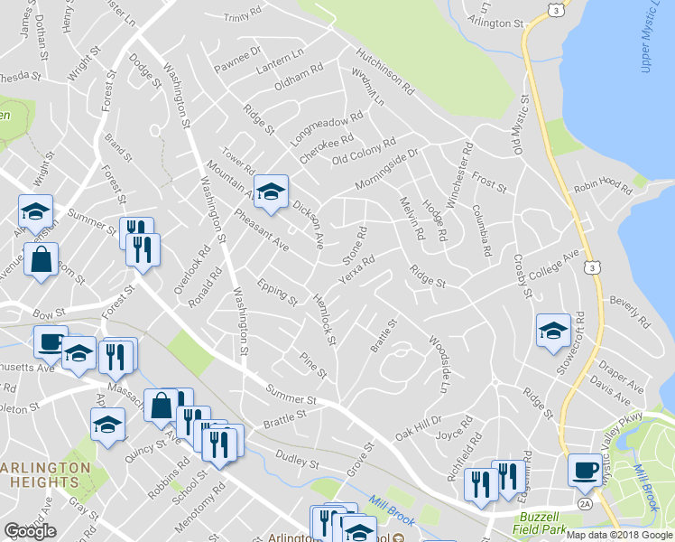map of restaurants, bars, coffee shops, grocery stores, and more near 19 Stone Road in Arlington