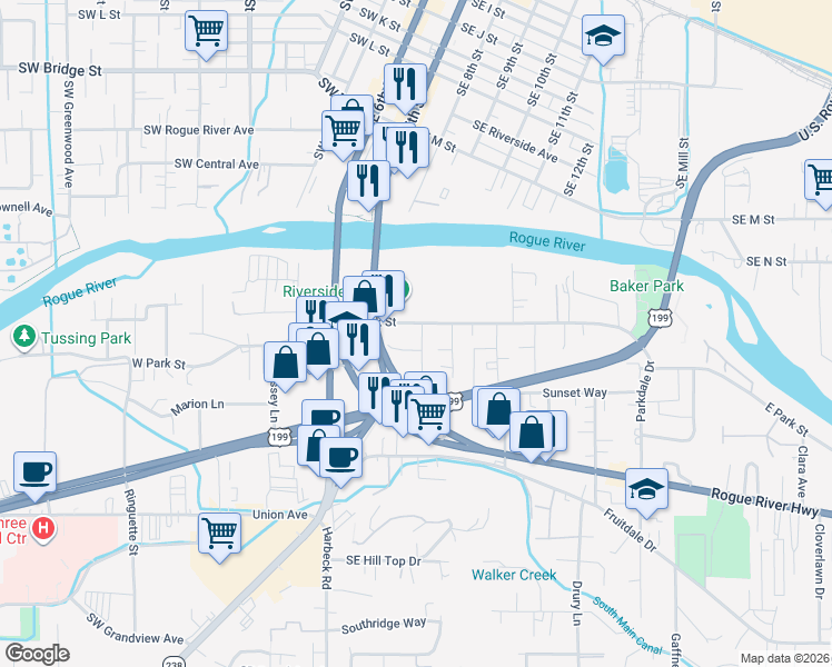 map of restaurants, bars, coffee shops, grocery stores, and more near 1244 Southeast South Park Drive in Grants Pass