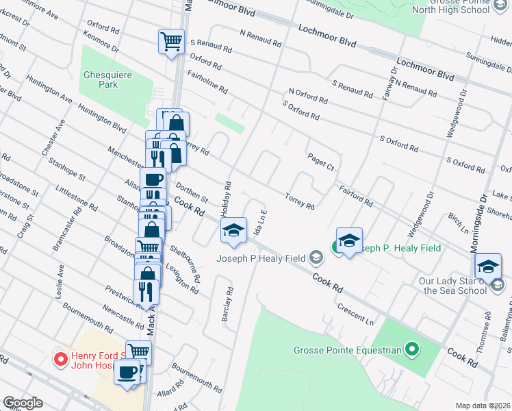map of restaurants, bars, coffee shops, grocery stores, and more near 19888 Ida Lane West in Grosse Pointe Woods