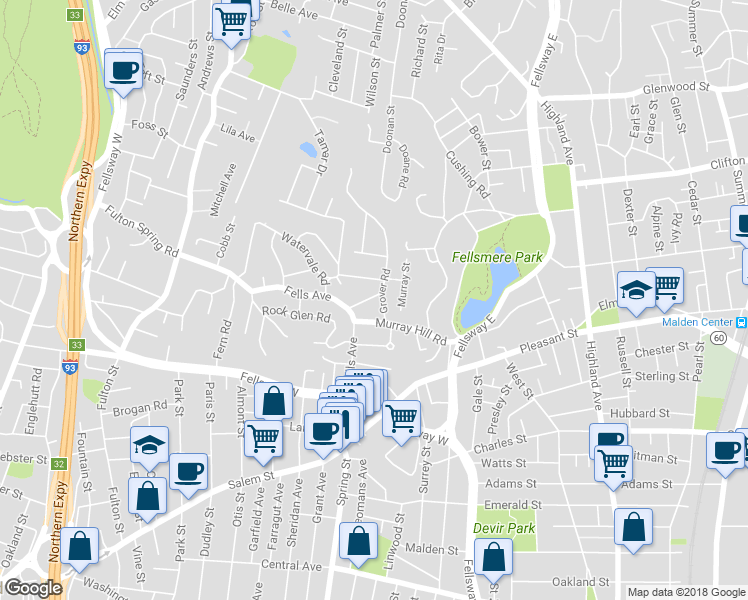 map of restaurants, bars, coffee shops, grocery stores, and more near 24 Landry Road in Medford
