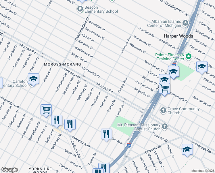 map of restaurants, bars, coffee shops, grocery stores, and more near 20202 Moross Road in Detroit