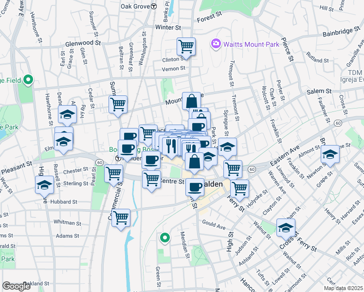 map of restaurants, bars, coffee shops, grocery stores, and more near 36 Dartmouth Street in Malden
