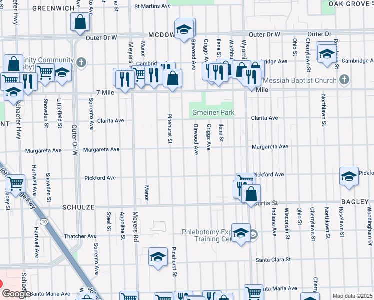 map of restaurants, bars, coffee shops, grocery stores, and more near 18508 Mendota Street in Detroit