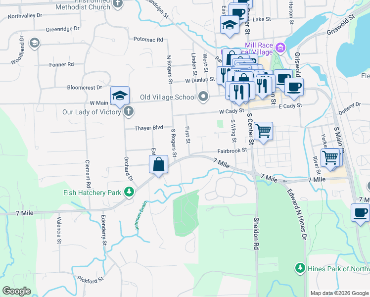 map of restaurants, bars, coffee shops, grocery stores, and more near 390 First Street in Northville