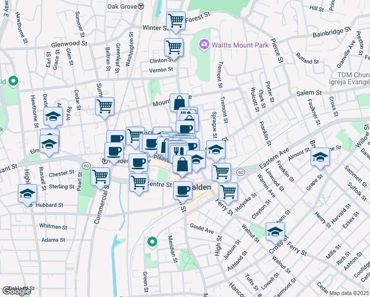 map of restaurants, bars, coffee shops, grocery stores, and more near 480 Main Street in Malden