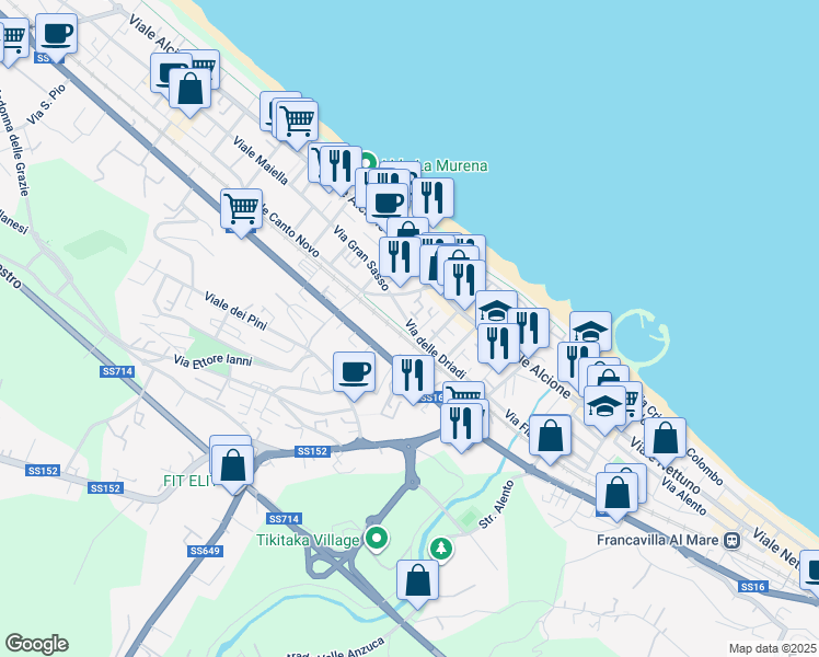 map of restaurants, bars, coffee shops, grocery stores, and more near 1A Via delle Driadi in Francavilla al Mare
