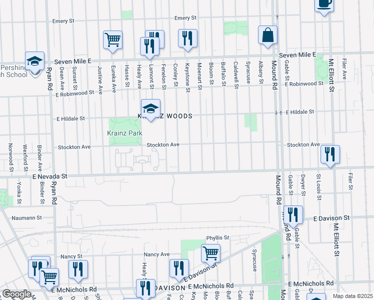 map of restaurants, bars, coffee shops, grocery stores, and more near 18105 Conley Street in Detroit