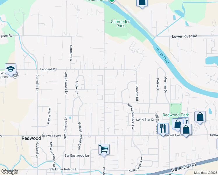 map of restaurants, bars, coffee shops, grocery stores, and more near 1129 Willow Lane in Grants Pass