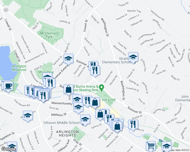 map of restaurants, bars, coffee shops, grocery stores, and more near 483 Summer Street in Arlington