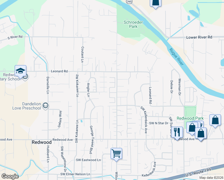 map of restaurants, bars, coffee shops, grocery stores, and more near 1129 Willow Lane in Grants Pass