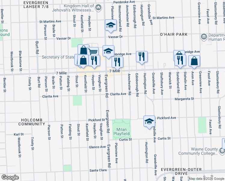 map of restaurants, bars, coffee shops, grocery stores, and more near 18917 Plainview Avenue in Detroit
