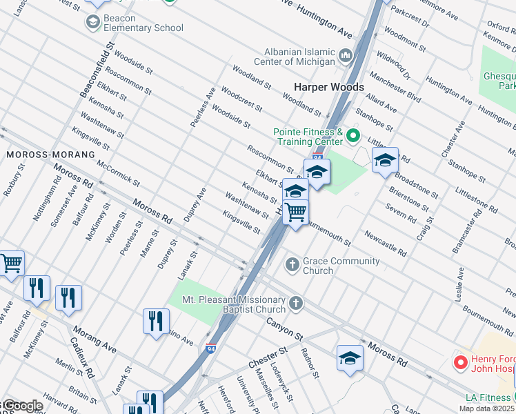 map of restaurants, bars, coffee shops, grocery stores, and more near 20624 Washtenaw Street in Harper Woods