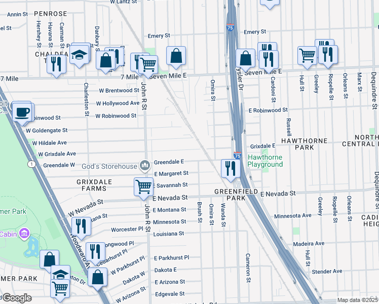 map of restaurants, bars, coffee shops, grocery stores, and more near 86 West Grixdale Avenue in Detroit