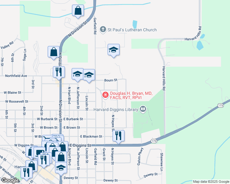 map of restaurants, bars, coffee shops, grocery stores, and more near 605 East Blaine Street in Harvard