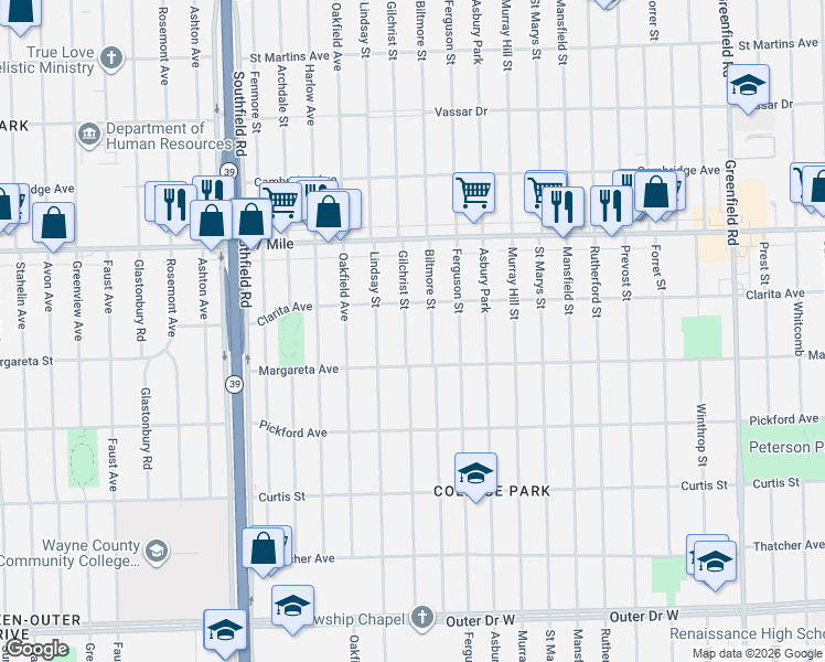 map of restaurants, bars, coffee shops, grocery stores, and more near 18670 Gilchrist Street in Detroit