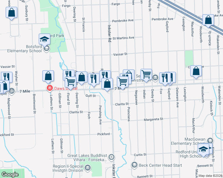 map of restaurants, bars, coffee shops, grocery stores, and more near 29580 Seven Mile West in Wayne County