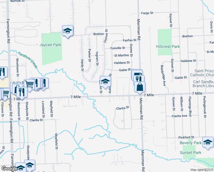 map of restaurants, bars, coffee shops, grocery stores, and more near 19170 Osmus Street in Livonia