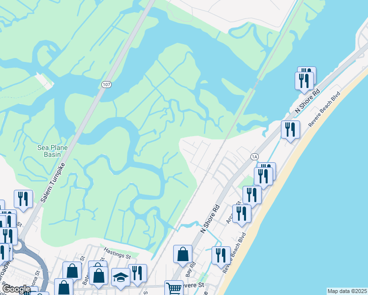 map of restaurants, bars, coffee shops, grocery stores, and more near 33 Maggi Road in Revere